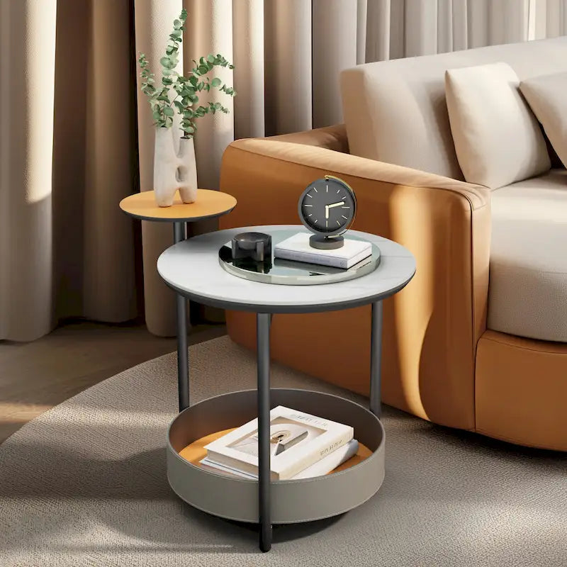 Table d'appoint ronde à 3 niveaux avec plateau en pierre frittée et étagères en cuir