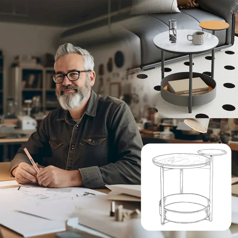 Table d'appoint ronde à 3 niveaux avec plateau en pierre frittée et étagères en cuir