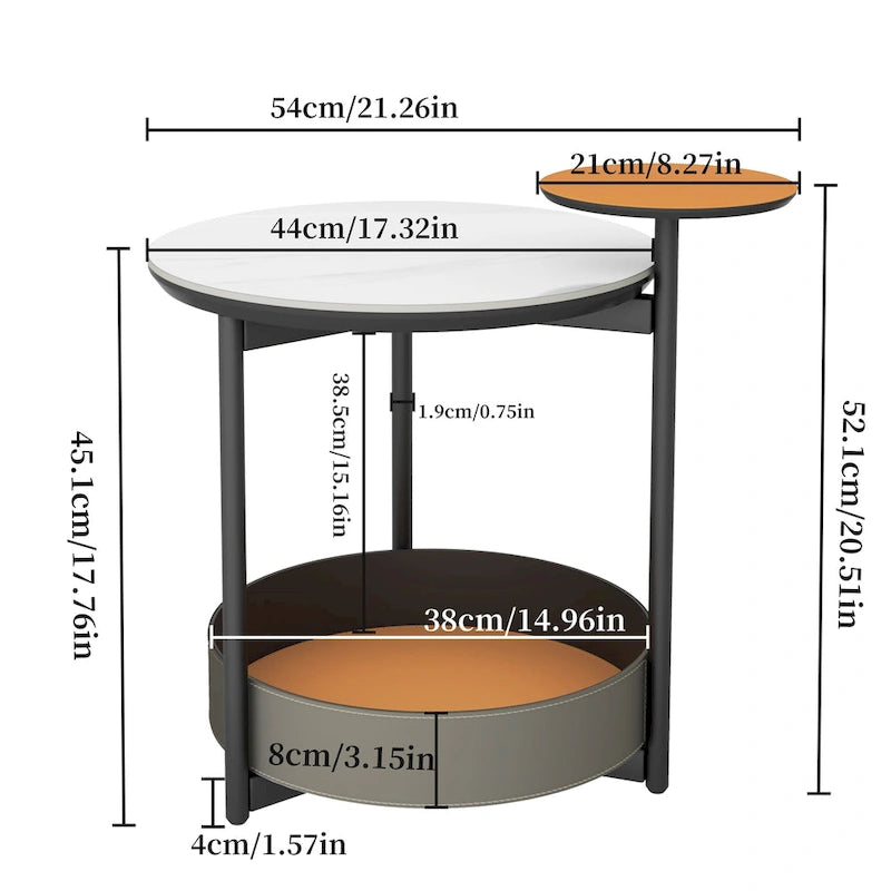 Table d'appoint ronde à 3 niveaux avec plateau en pierre frittée et étagères en cuir