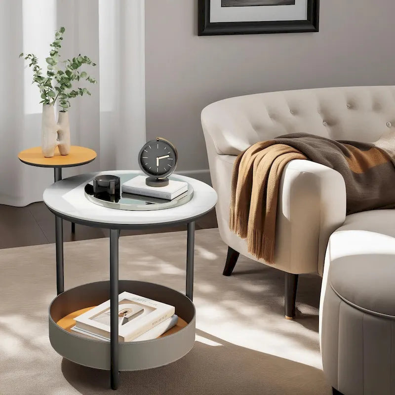 Table d'appoint ronde à 3 niveaux avec plateau en pierre frittée et étagères en cuir