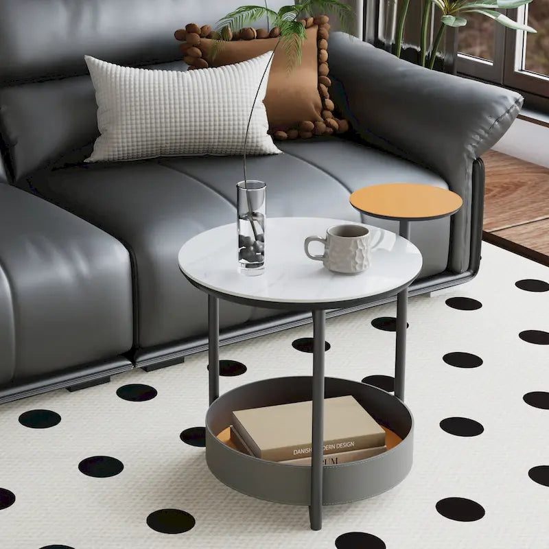 Table d'appoint ronde à 3 niveaux avec plateau en pierre frittée et étagères en cuir