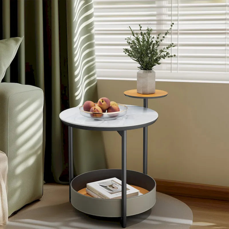 Table d'appoint ronde à 3 niveaux avec plateau en pierre frittée et étagères en cuir