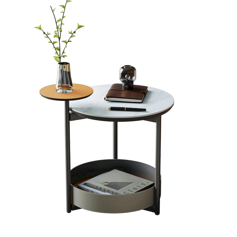 Table d'appoint ronde à 3 niveaux avec plateau en pierre frittée et étagères en cuir