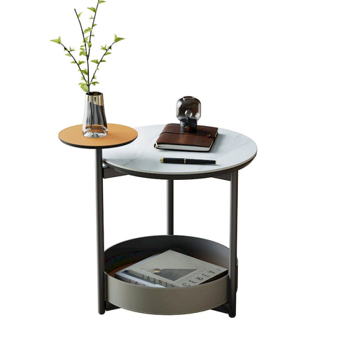 Table d'appoint ronde à 3 niveaux avec plateau en pierre frittée et étagères en cuir