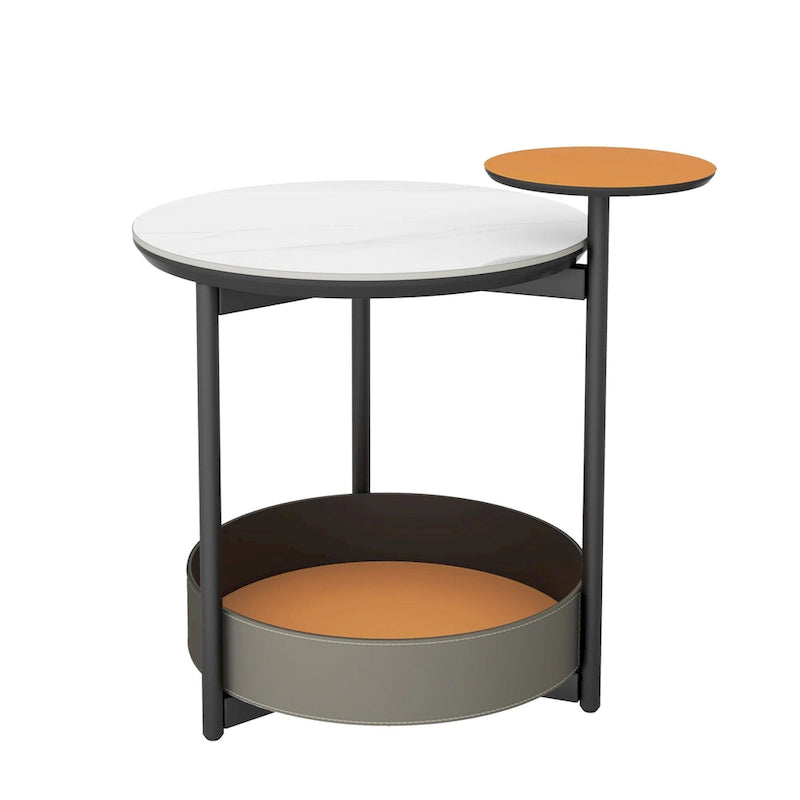 Table d'appoint ronde à 3 niveaux avec plateau en pierre frittée et étagères en cuir