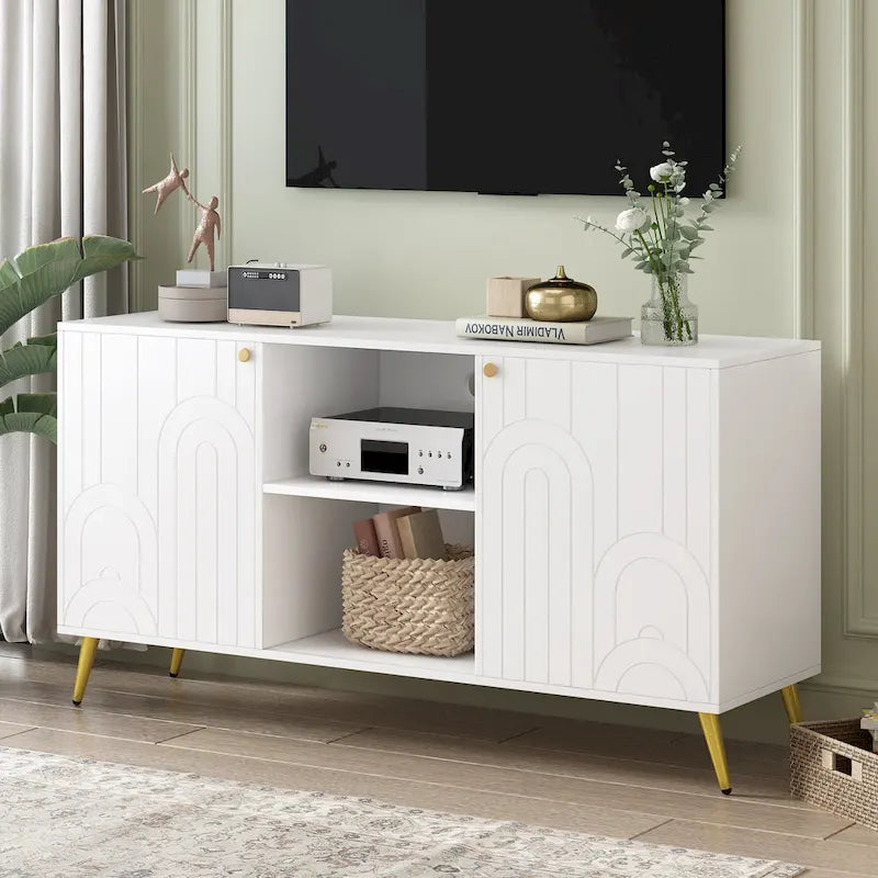 Meuble TV moderne avec portes de rangement, étagères ouvertes et pieds en métal – Convient aux TV jusqu'à 55"