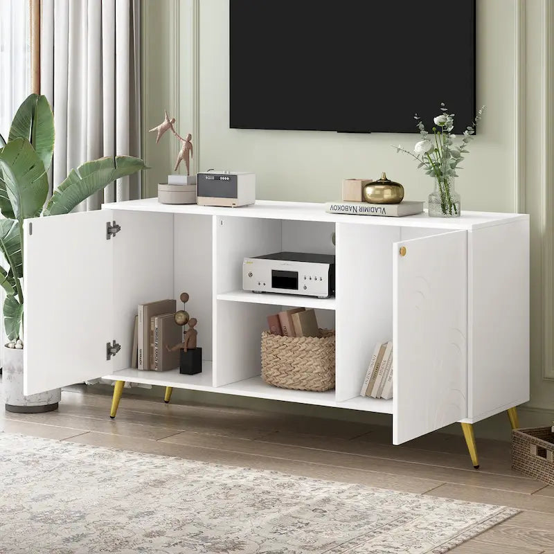 Meuble TV moderne avec portes de rangement, étagères ouvertes et pieds en métal – Convient aux TV jusqu'à 55"