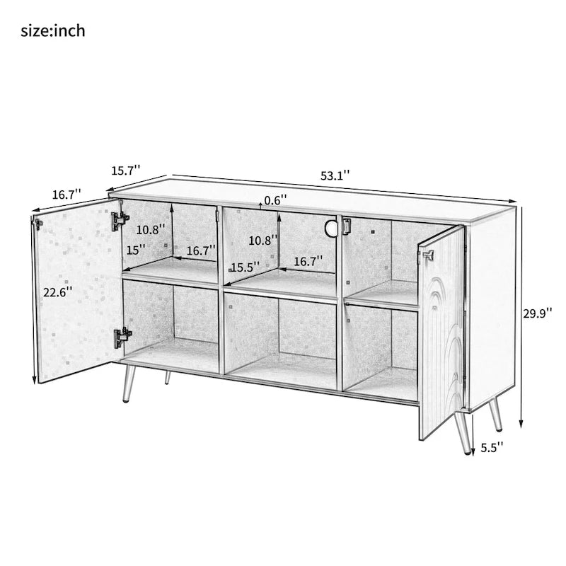 Meuble TV moderne avec portes de rangement, étagères ouvertes et pieds en métal – Convient aux TV jusqu'à 55"
