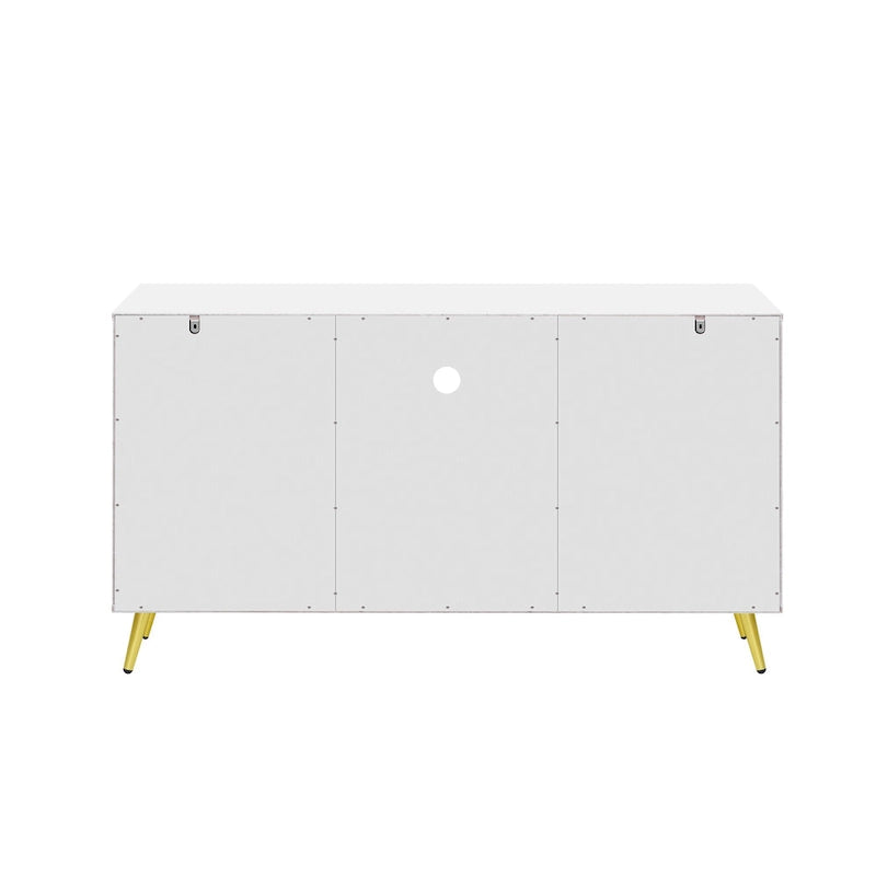 Meuble TV moderne avec portes de rangement, étagères ouvertes et pieds en métal – Convient aux TV jusqu'à 55"