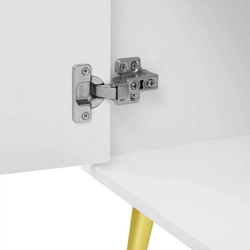 Meuble TV moderne avec portes de rangement, étagères ouvertes et pieds en métal – Convient aux TV jusqu'à 55"