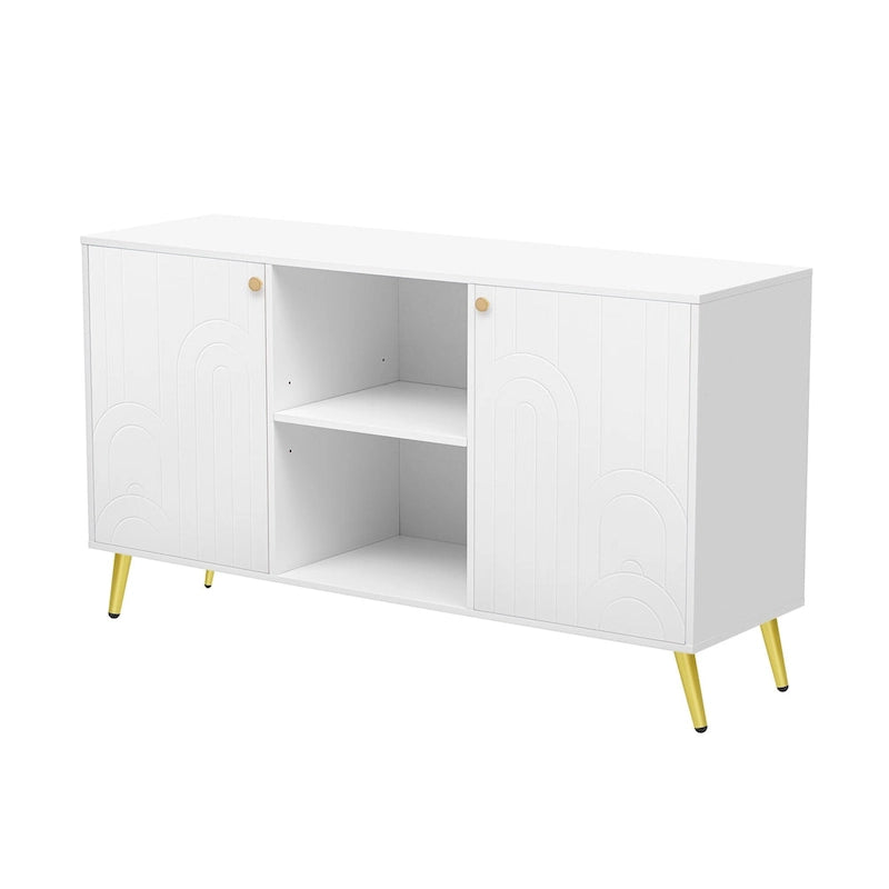 Meuble TV moderne avec portes de rangement, étagères ouvertes et pieds en métal – Convient aux TV jusqu'à 55"