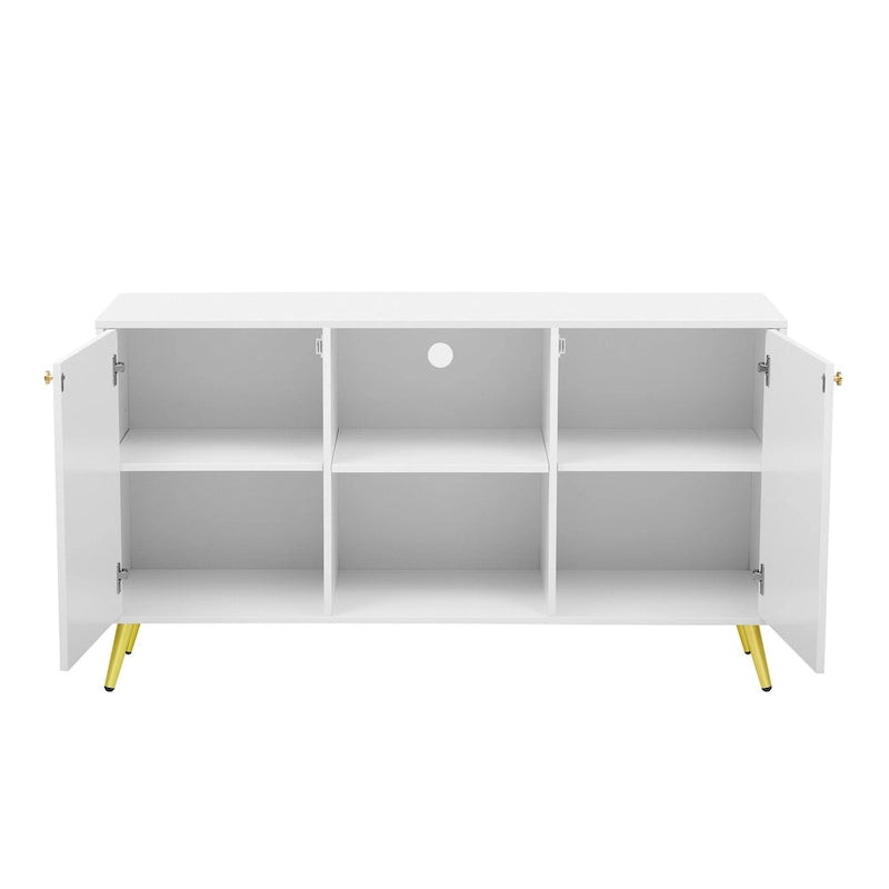 Meuble TV moderne avec portes de rangement, étagères ouvertes et pieds en métal – Convient aux TV jusqu'à 55"