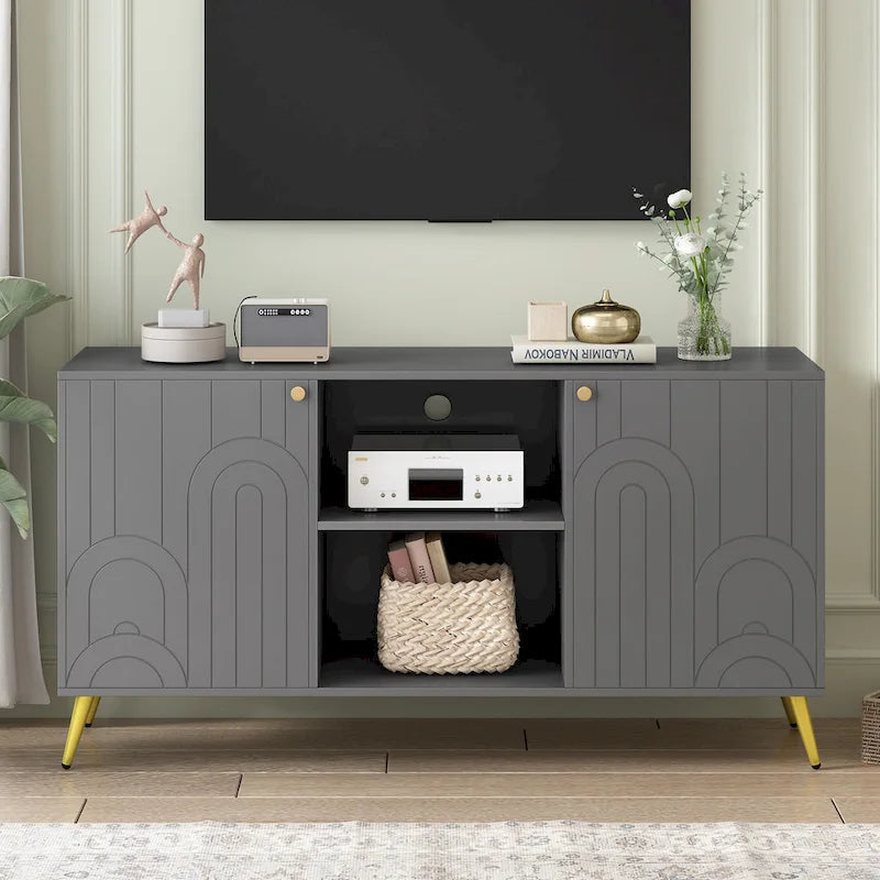 Meuble TV moderne avec portes de rangement, étagères ouvertes et pieds en métal – Convient aux TV jusqu'à 55"