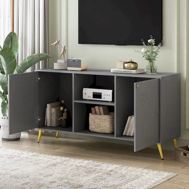 Meuble TV moderne avec portes de rangement, étagères ouvertes et pieds en métal – Convient aux TV jusqu'à 55"
