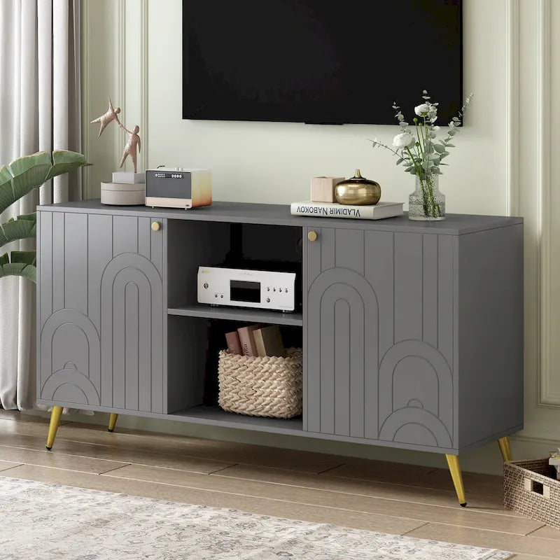 Meuble TV moderne avec portes de rangement, étagères ouvertes et pieds en métal – Convient aux TV jusqu'à 55"