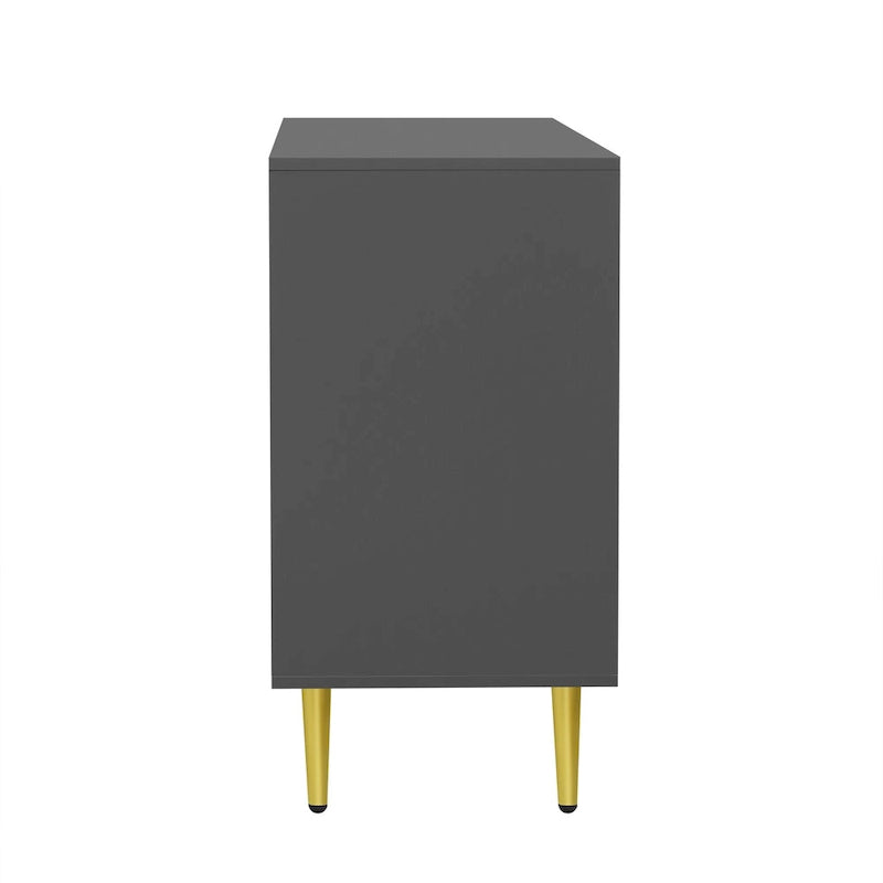 Meuble TV moderne avec portes de rangement, étagères ouvertes et pieds en métal – Convient aux TV jusqu'à 55"