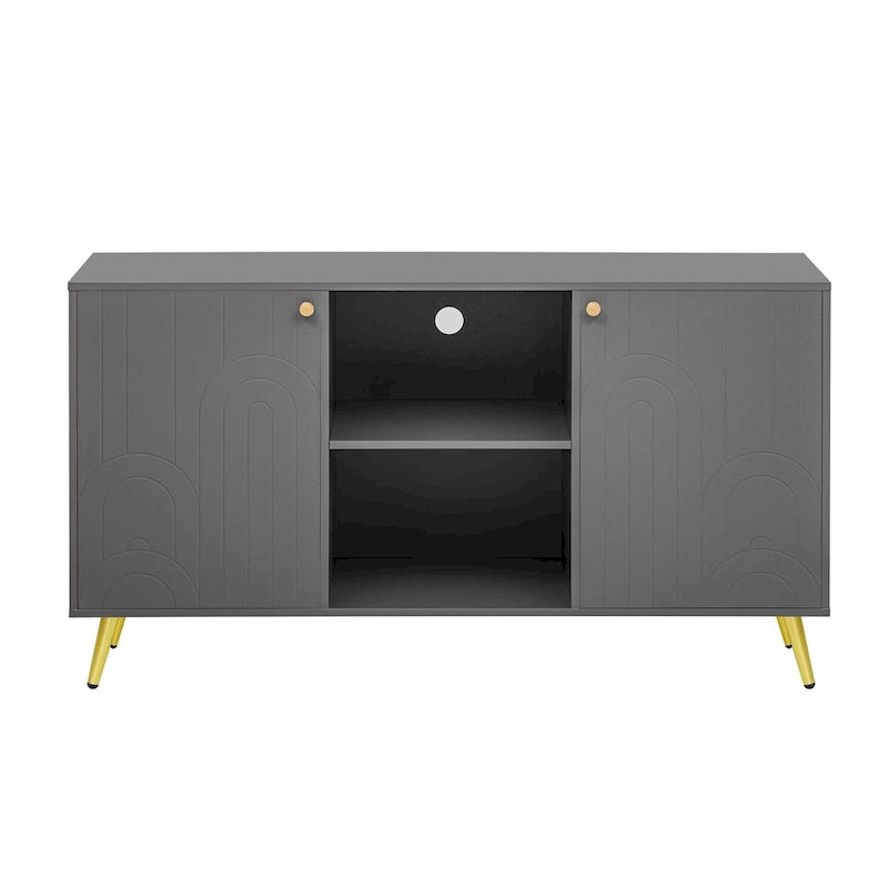 Meuble TV moderne avec portes de rangement, étagères ouvertes et pieds en métal – Convient aux TV jusqu'à 55"