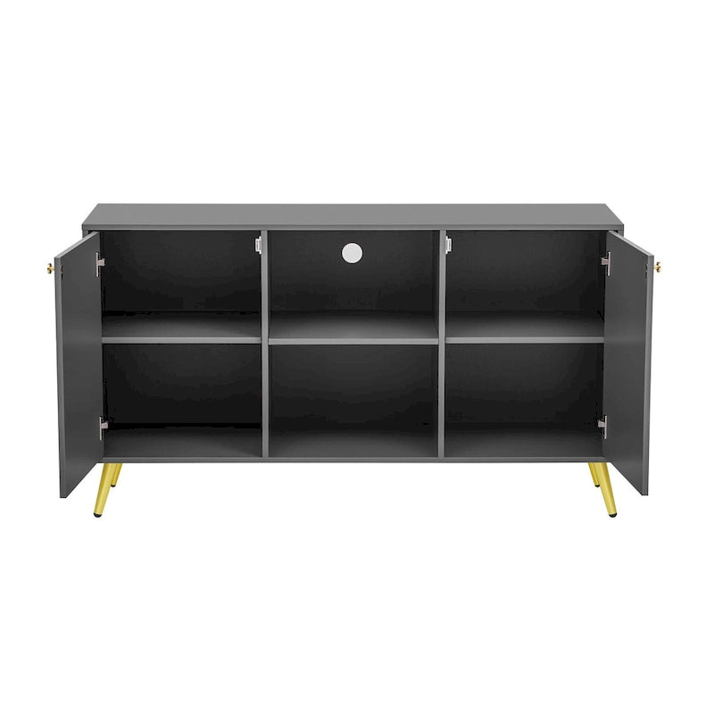 Meuble TV moderne avec portes de rangement, étagères ouvertes et pieds en métal – Convient aux TV jusqu'à 55"