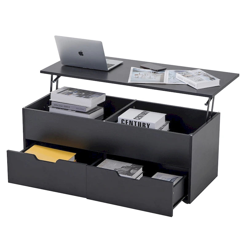 Table basse relevable avec compartiment de rangement caché et 2 tiroirs