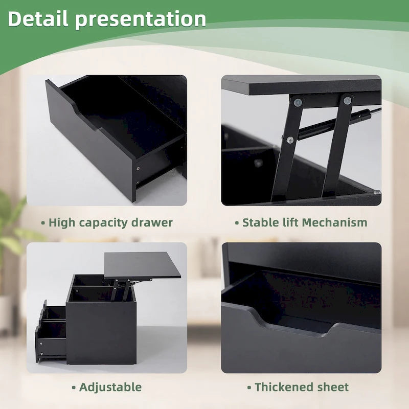 Table basse relevable avec compartiment de rangement caché et 2 tiroirs