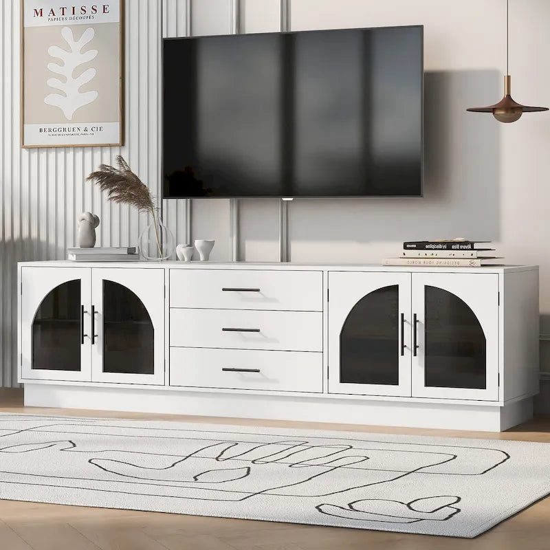 Meuble TV moderne minimaliste de 68,9 po avec portes d'armoire en verre et 3 tiroirs, convient aux téléviseurs jusqu'à 75 po