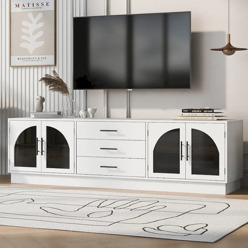 Meuble TV moderne minimaliste de 68,9 po avec portes d'armoire en verre et 3 tiroirs, convient aux téléviseurs jusqu'à 75 po