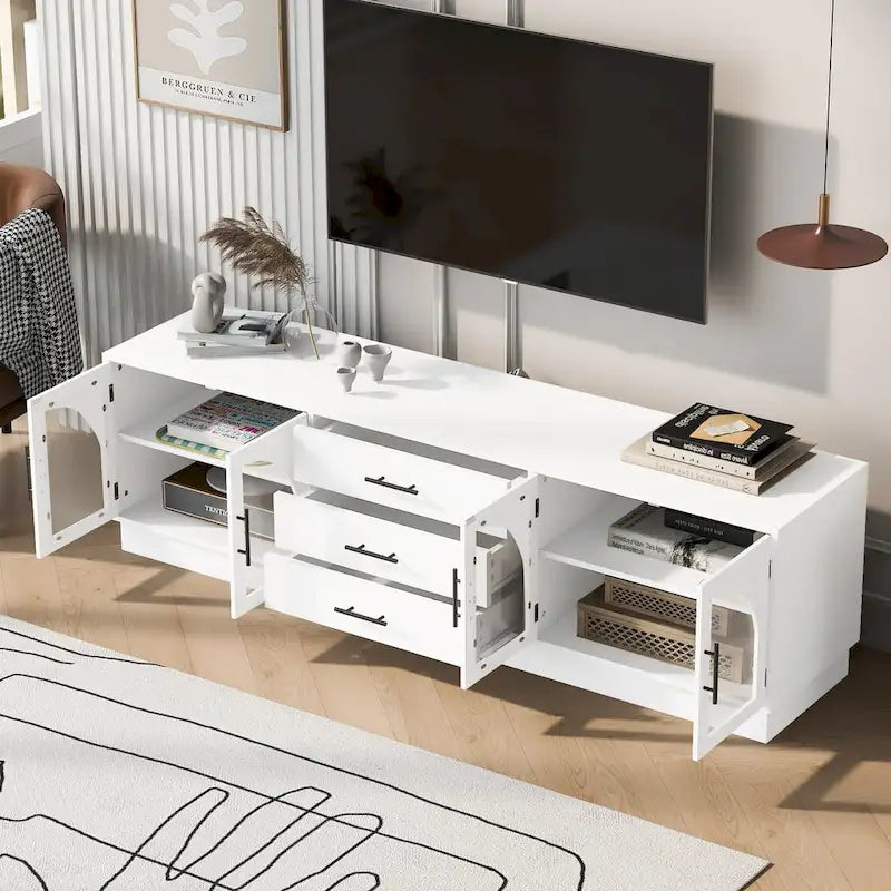 Meuble TV moderne minimaliste de 68,9 po avec portes d'armoire en verre et 3 tiroirs, convient aux téléviseurs jusqu'à 75 po
