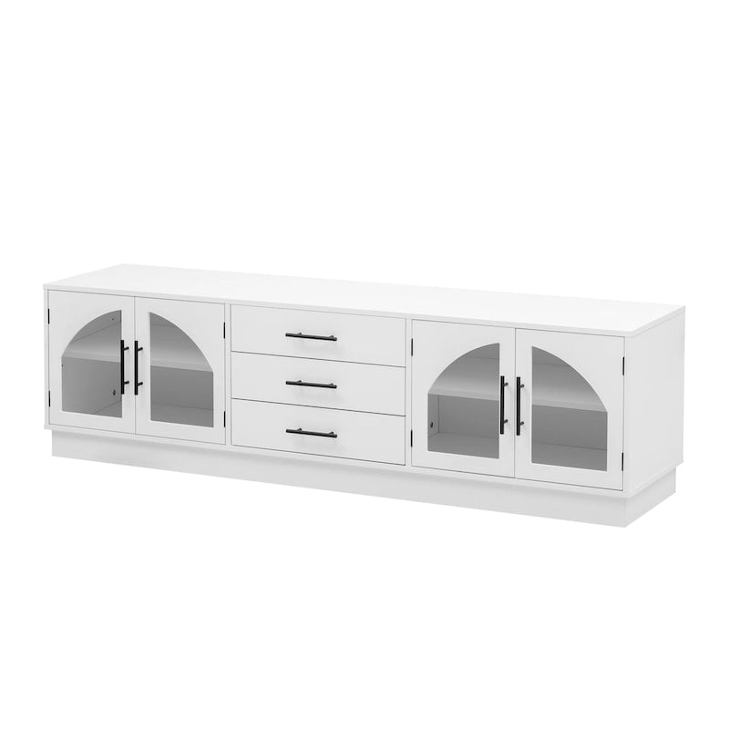 Meuble TV moderne minimaliste de 68,9 po avec portes d'armoire en verre et 3 tiroirs, convient aux téléviseurs jusqu'à 75 po