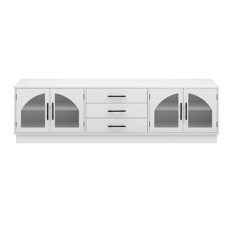 Meuble TV moderne minimaliste de 68,9 po avec portes d'armoire en verre et 3 tiroirs, convient aux téléviseurs jusqu'à 75 po