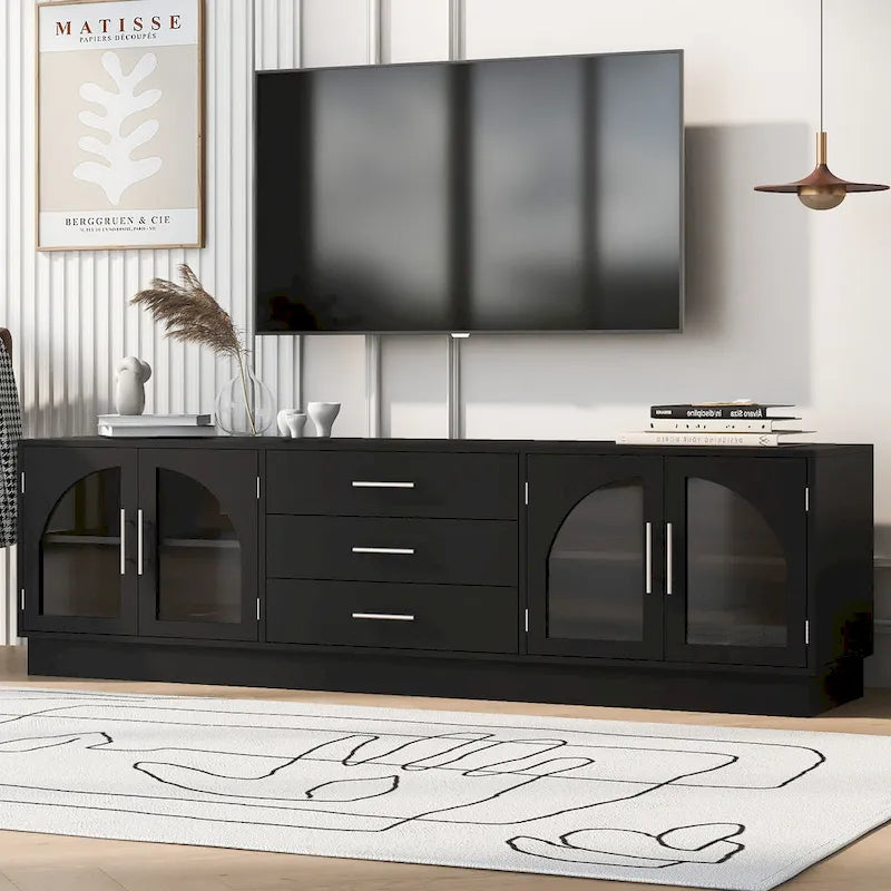 Meuble TV moderne minimaliste de 68,9 po avec portes d'armoire en verre et 3 tiroirs, convient aux téléviseurs jusqu'à 75 po