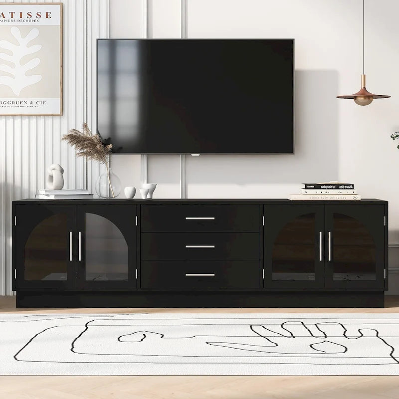 Meuble TV moderne minimaliste de 68,9 po avec portes d'armoire en verre et 3 tiroirs, convient aux téléviseurs jusqu'à 75 po