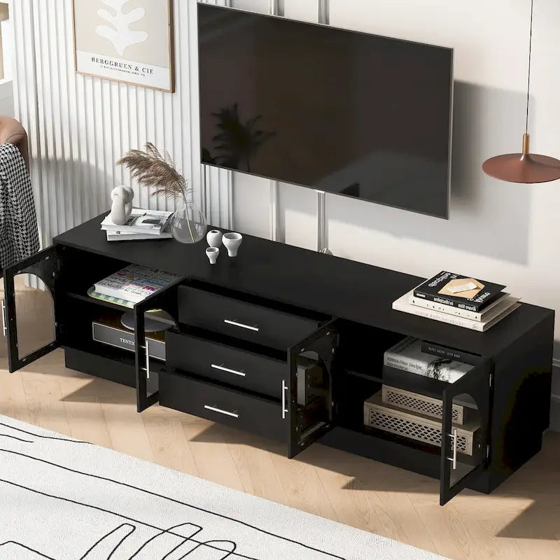 Meuble TV moderne minimaliste de 68,9 po avec portes d'armoire en verre et 3 tiroirs, convient aux téléviseurs jusqu'à 75 po