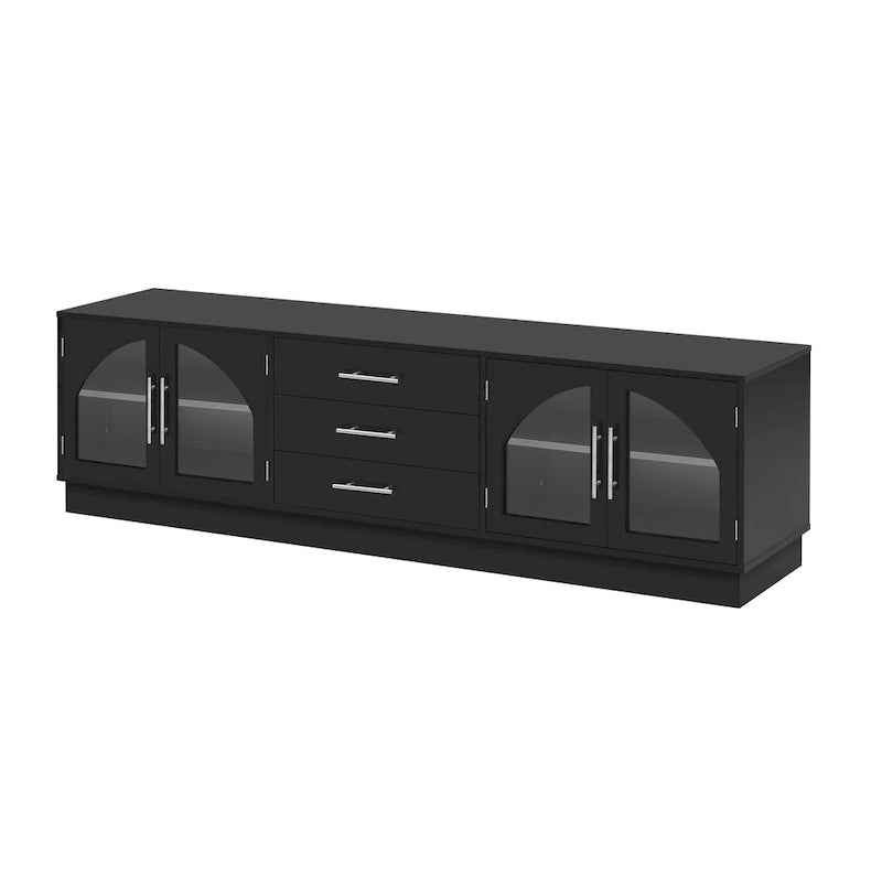 Meuble TV moderne minimaliste de 68,9 po avec portes d'armoire en verre et 3 tiroirs, convient aux téléviseurs jusqu'à 75 po