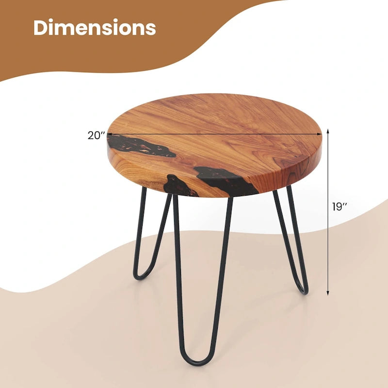 Table d'appoint ronde en teck massif à bords bruts avec résine époxy et pieds en métal