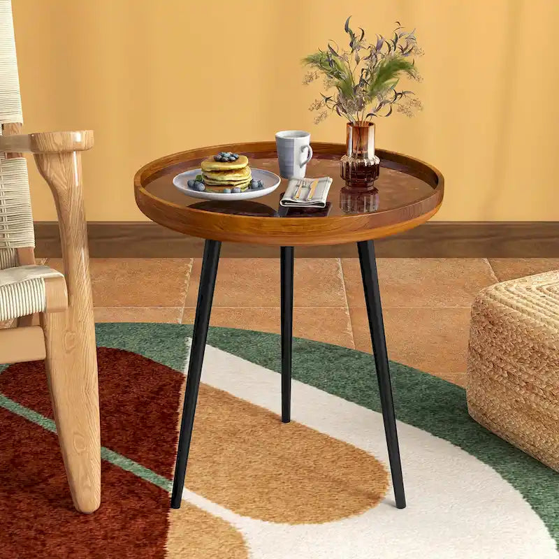 Table d'appoint ronde en teck massif à bords bruts avec résine époxy et pieds en métal