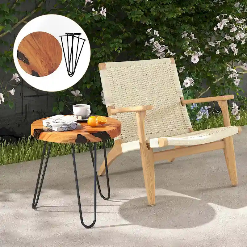 Table d'appoint ronde en teck massif à bords bruts avec résine époxy et pieds en métal