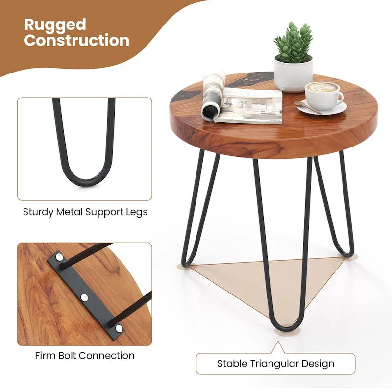Table d'appoint ronde en teck massif à bords bruts avec résine époxy et pieds en métal