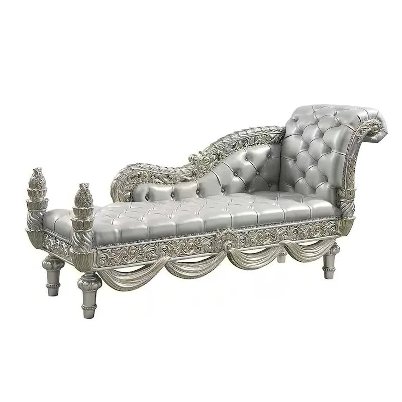 Banc de chaise longue en similicuir beige avec accents dorés, 82 pouces