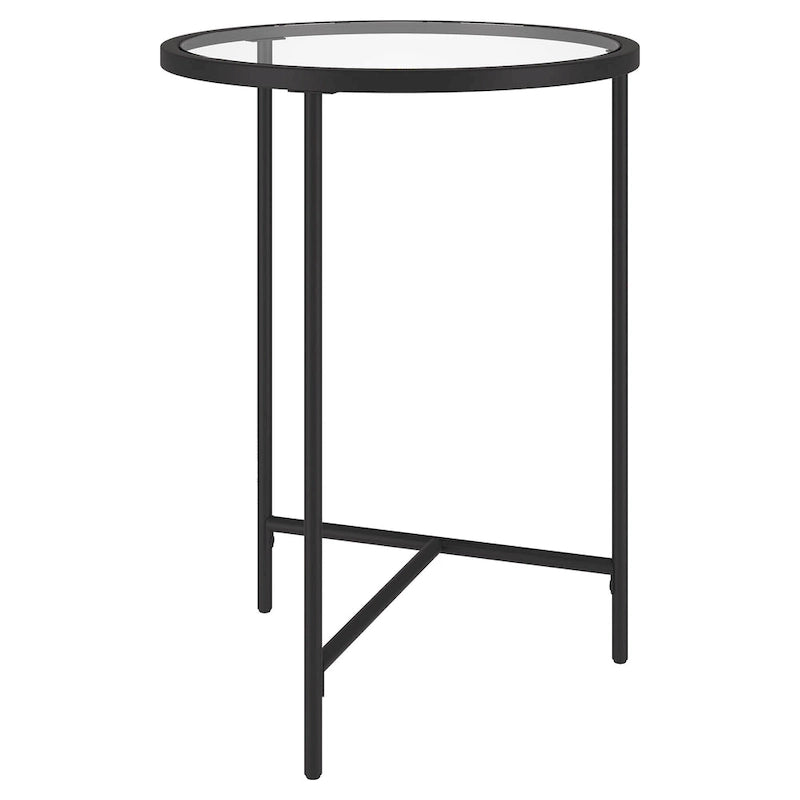 Table d'appoint ronde à plateau en verre et piètement géométrique en acier