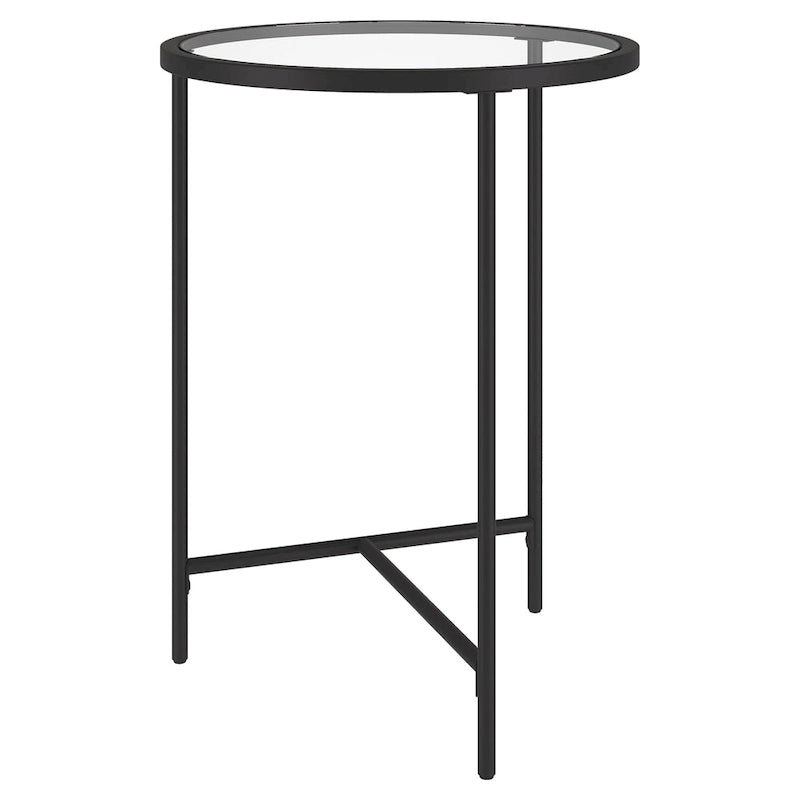 Table d'appoint ronde à plateau en verre et piètement géométrique en acier
