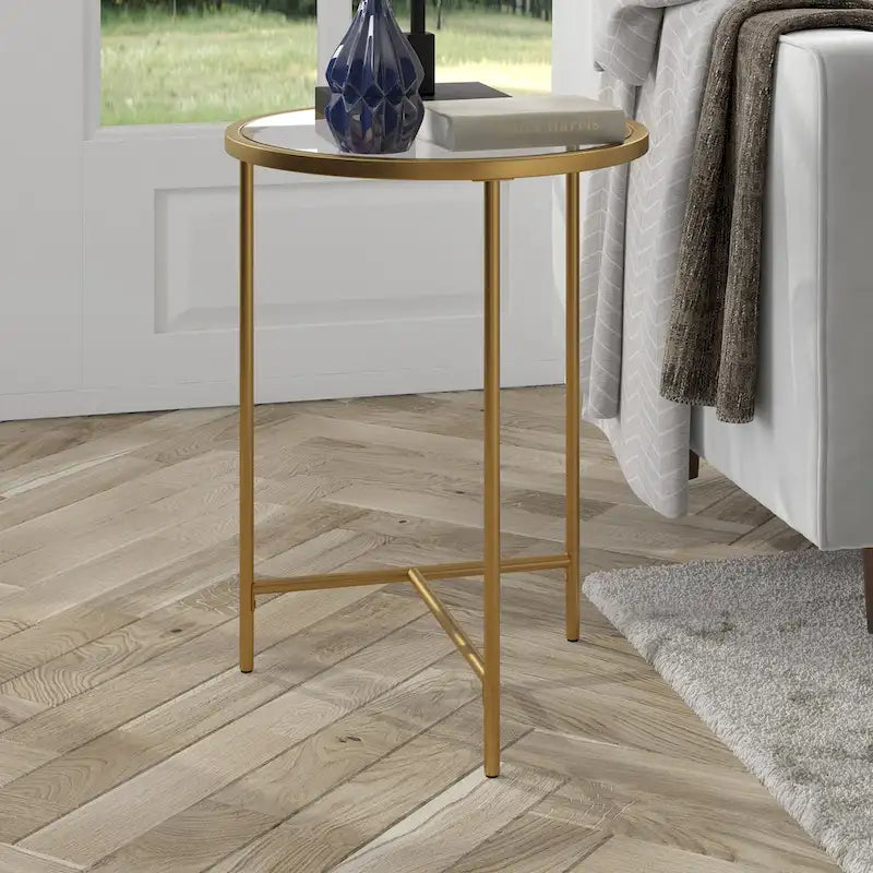 Table d'appoint ronde à plateau en verre et piètement géométrique en acier