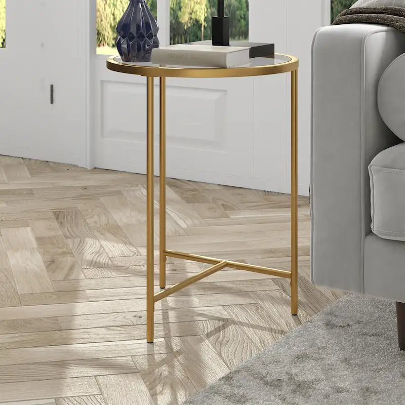 Table d'appoint ronde à plateau en verre et piètement géométrique en acier