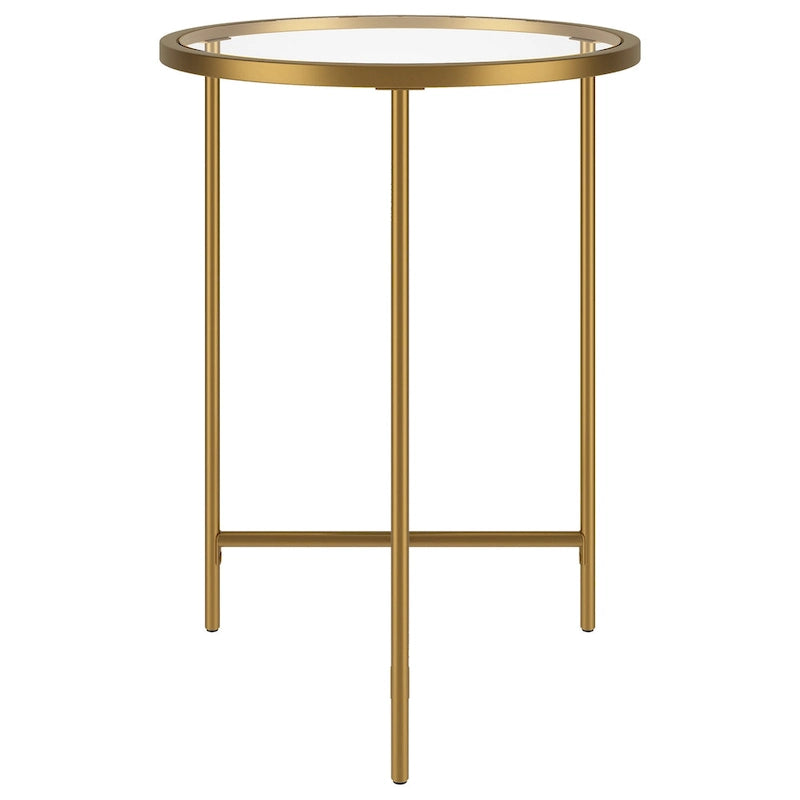 Table d'appoint ronde à plateau en verre et piètement géométrique en acier