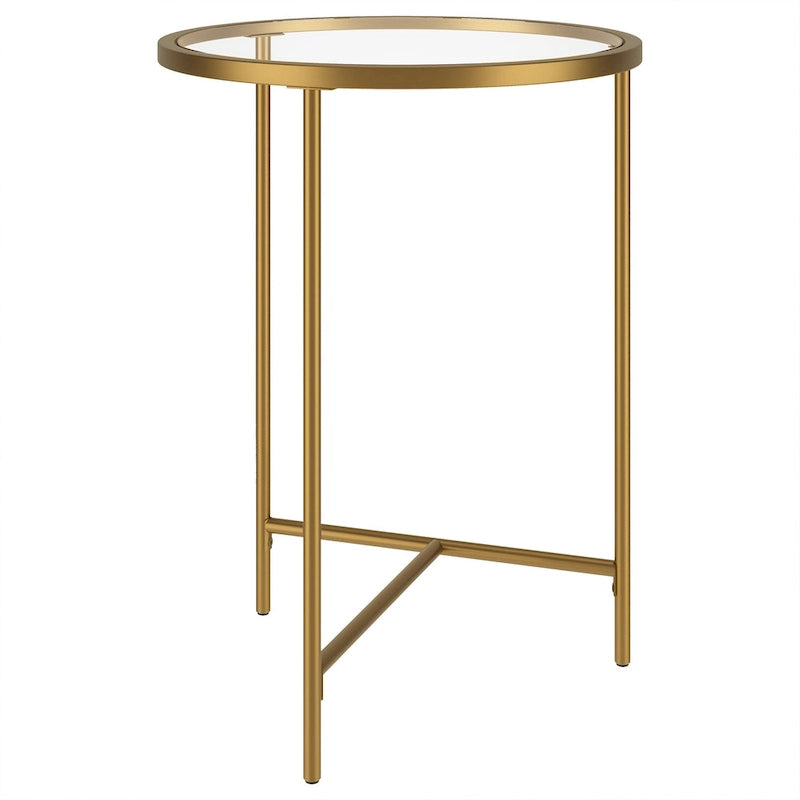 Table d'appoint ronde à plateau en verre et piètement géométrique en acier
