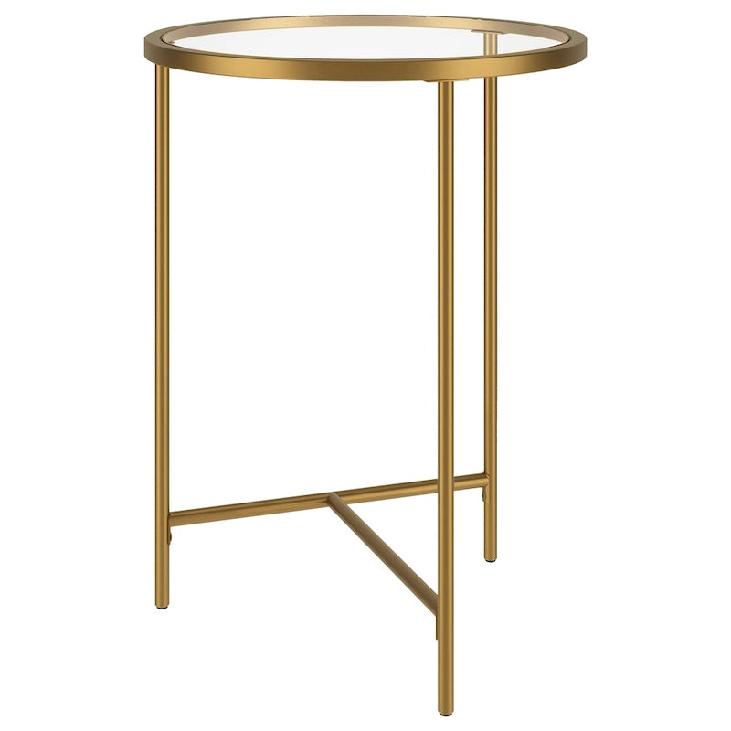 Table d'appoint ronde à plateau en verre et piètement géométrique en acier