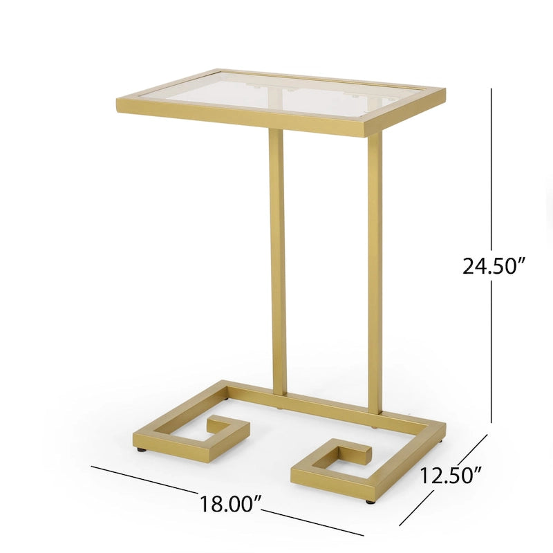 Table d'appoint en verre trempé en forme de C avec cadre en fer doré