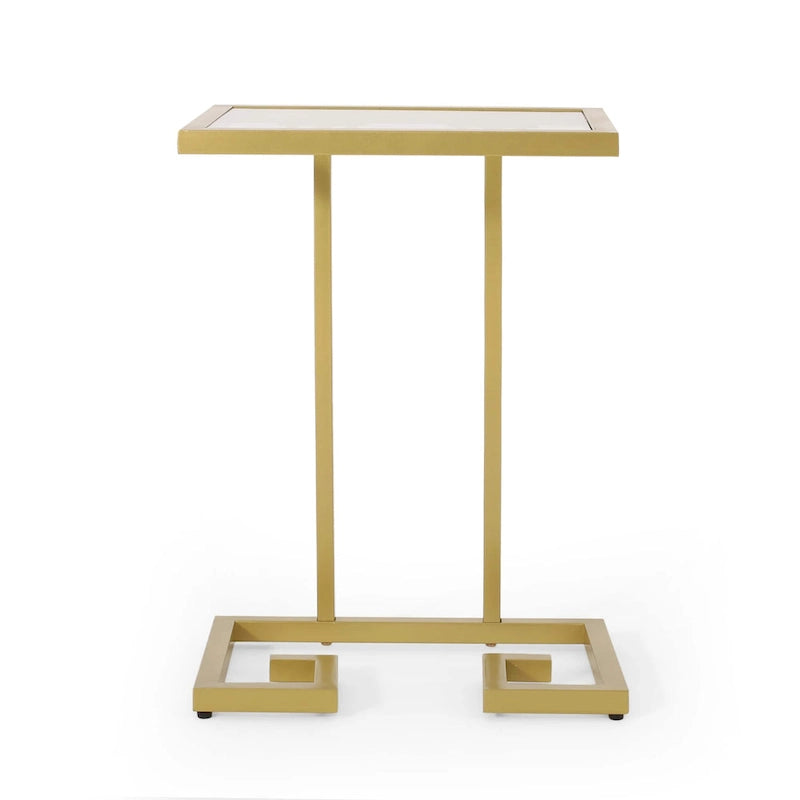 Table d'appoint en verre trempé en forme de C avec cadre en fer doré