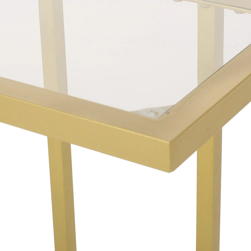 Table d'appoint en verre trempé en forme de C avec cadre en fer doré