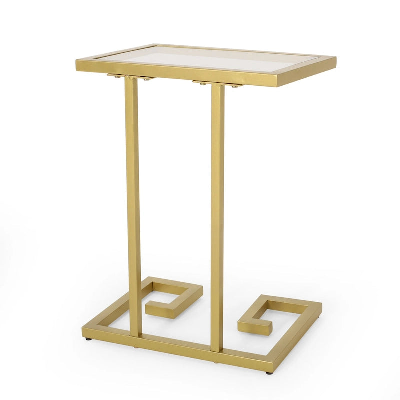 Table d'appoint en verre trempé en forme de C avec cadre en fer doré