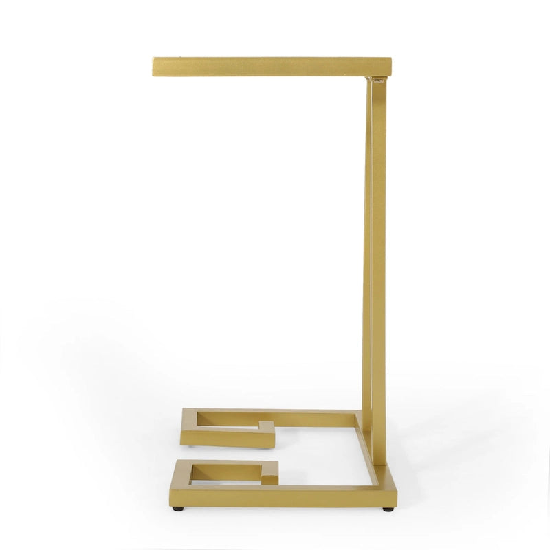 Table d'appoint en verre trempé en forme de C avec cadre en fer doré